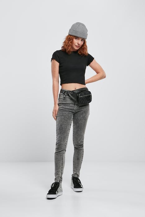 LADIES HIGH WAIST SKINNY JEANS BLACK HEAVY ACID WASHED 4