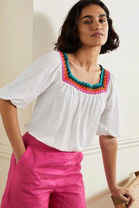 CROCHET TRIM PUFF SLEEVE TOP WHT 1