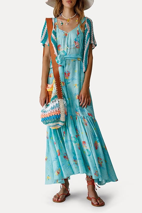 "THE MERMAIDS SONG" PRINT HABOTAI SILK STRAPS DRESS ACQUA 4