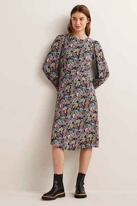 SMOCKED CUFF MIDI DRESS NVY 1