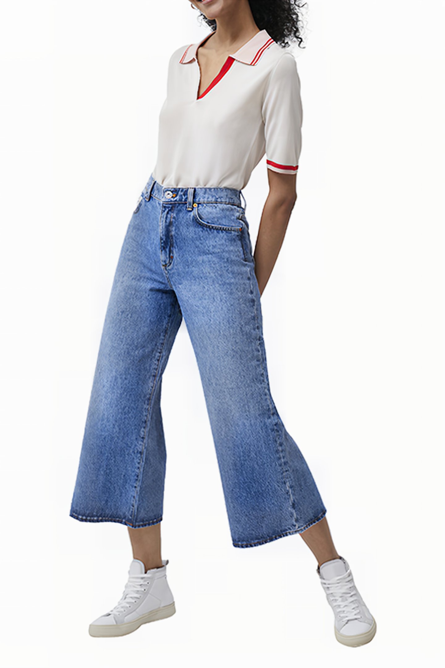 PIPPER DENIM CROPPED WIDE JEAN TROUSERS MID BLUE 2