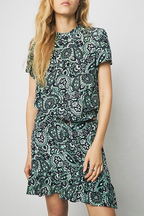 GREEN AND BLACK PAISLEY PRINT VISCOSE SHORT DRESS 1