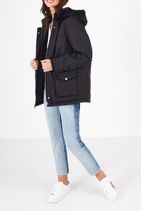 BLACK FUR-LINED HOODED PADDED JACKET 4