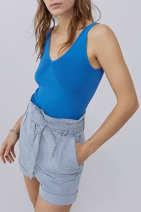 BLUE RIBBED KNIT FRONT/BACK V-NECK TOP 1