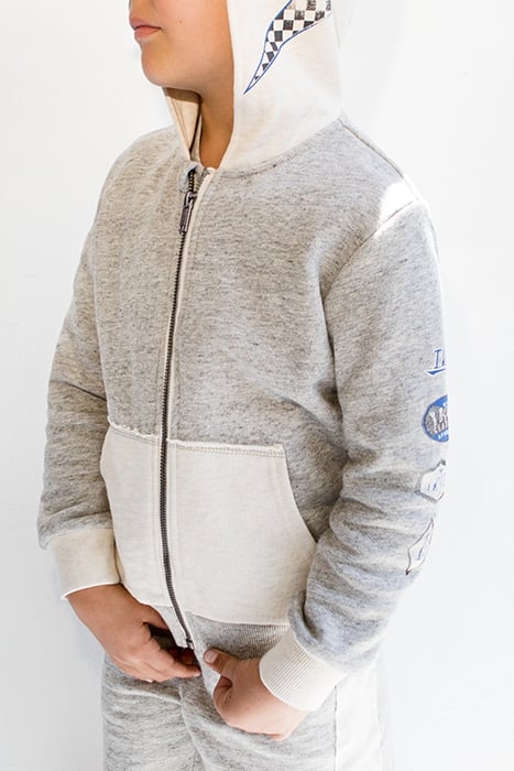 BOYS’ GREY AND BEIGE CARDIGAN WITH VISOR HOOD 1