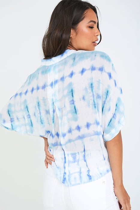 SHORT SLEEVE TIE FRONT BUTTON DOWN AQUA SHIBORI PRINT 2