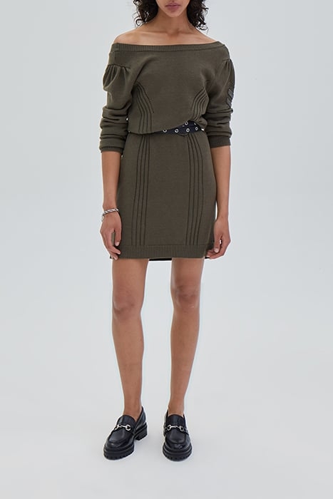 KHAKI CHEVRON STITCH KNIT SHORT DRESS 3