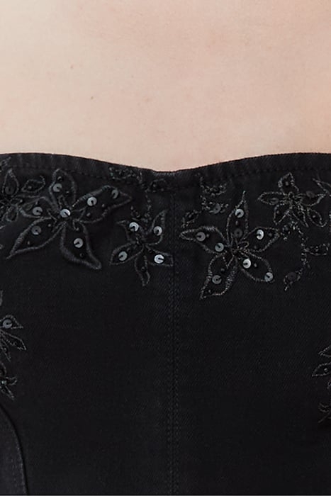 BLACK DENIM BUSTIER WITH EMBROIDERED FLOWERS 5