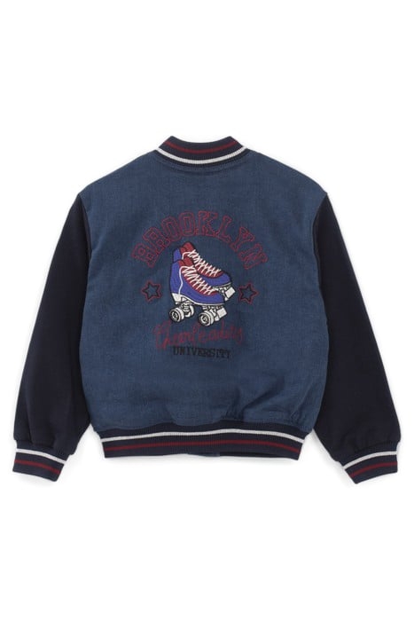 GIRLS’ NAVY DENIM EMBROIDERED MIXED FABRIC BASEBALL JACKET 2