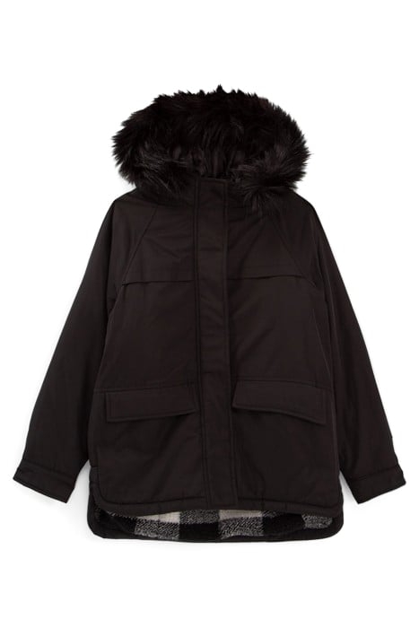 GIRLS’ BLACK CHECK SHERPA FUR-LINED PARKA 1