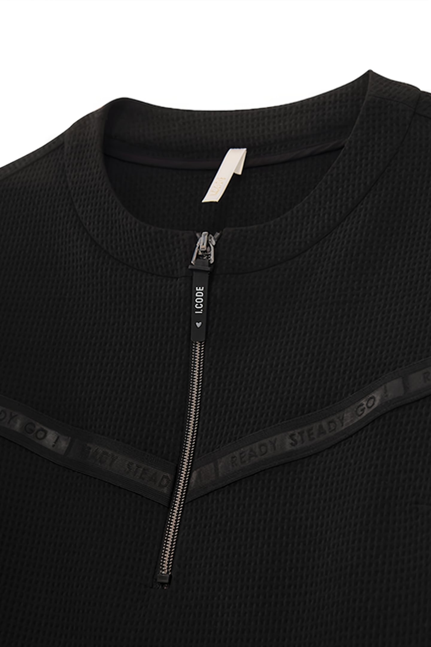 BLACK WAFFLE-KNIT BLOUSE WITH LETTER BAND 7