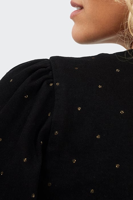 BLACK DENIM DRESS WITH GOLD POLKA DOT PRINT 5