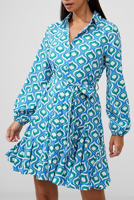 PRINTED LS SHIRT BELTED DRESS BLUE 1