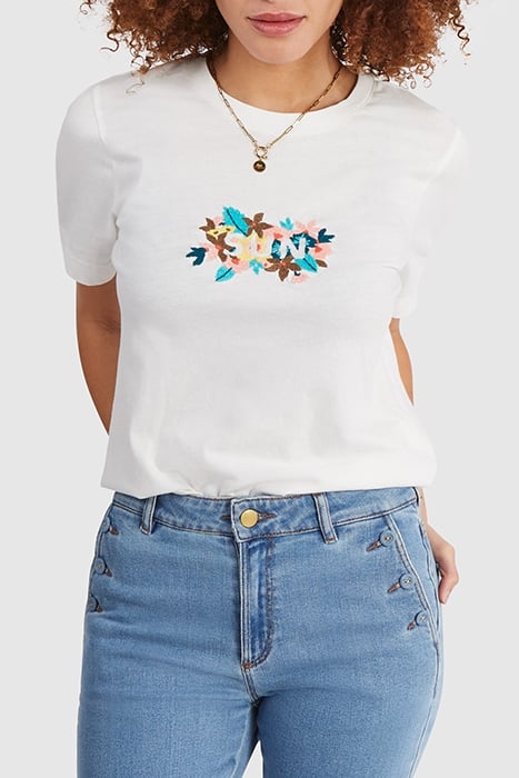 OFF-WHITE T-SHIRT WITH EMBROIDERED FLOWER SLOGAN 1