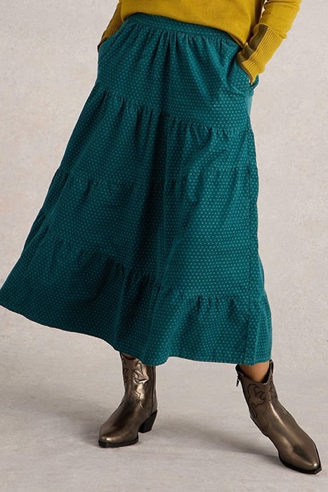 JENNA CORD TIERED SKIRT DARK GREEN 1