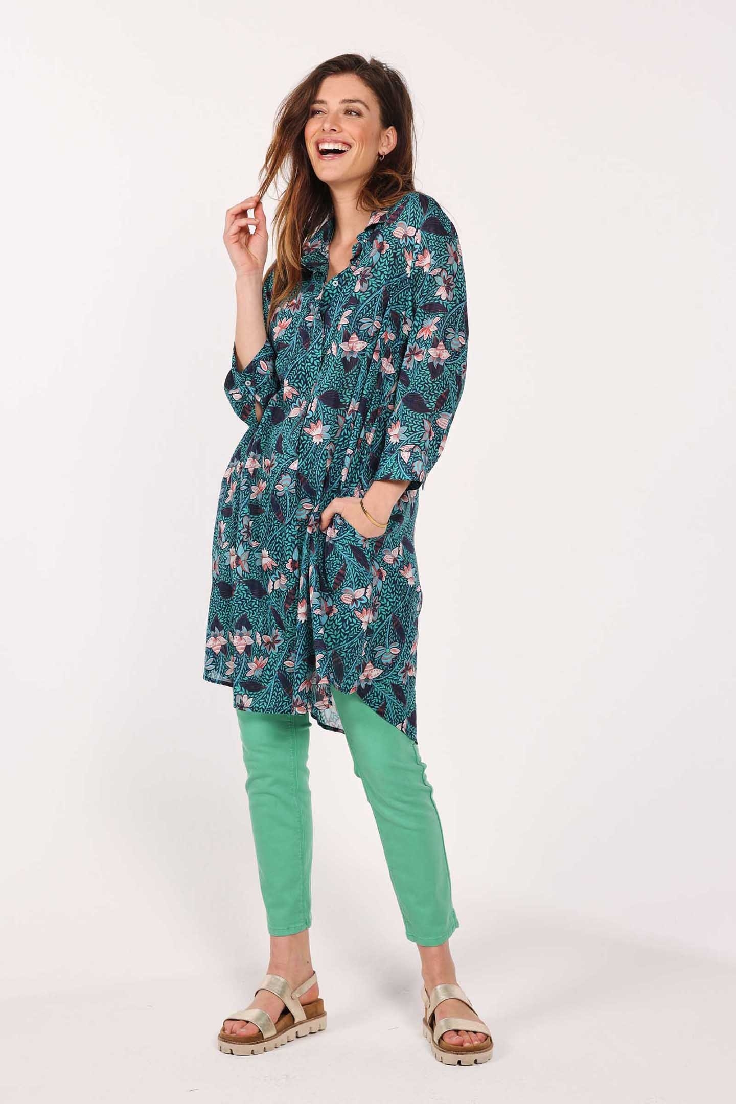 LONG BLOUSE DRESS FLORA GREEN WITH LOTS OF LEAVES PRINT 2