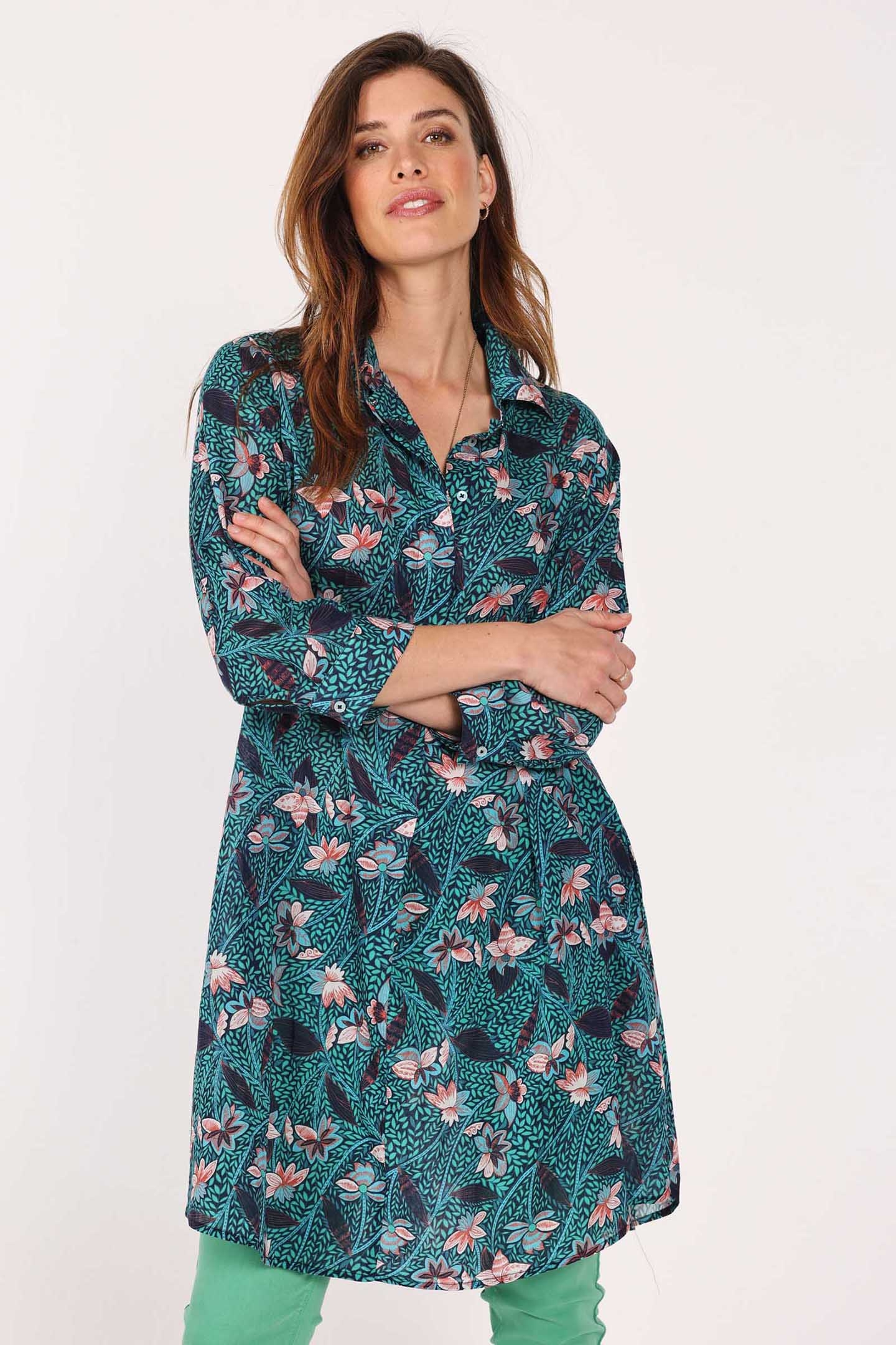 LONG BLOUSE DRESS FLORA GREEN WITH LOTS OF LEAVES PRINT 1