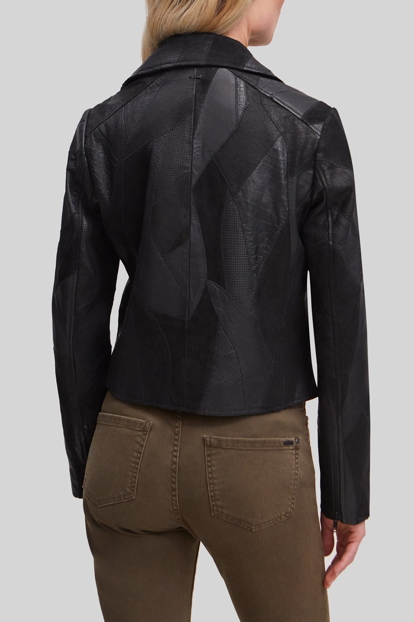 BLACK LEATHER PATCHWORK-LOOK BIKER-STYLE JACKET 2