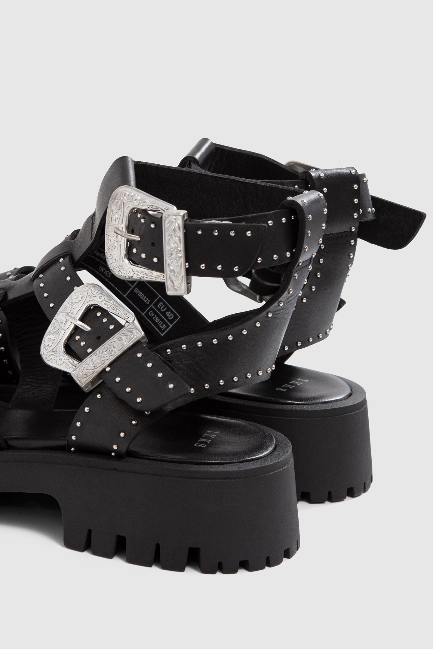 BLACK LEATHER CHUNKY SANDALS, STUDDED MULTI STRAPS 7