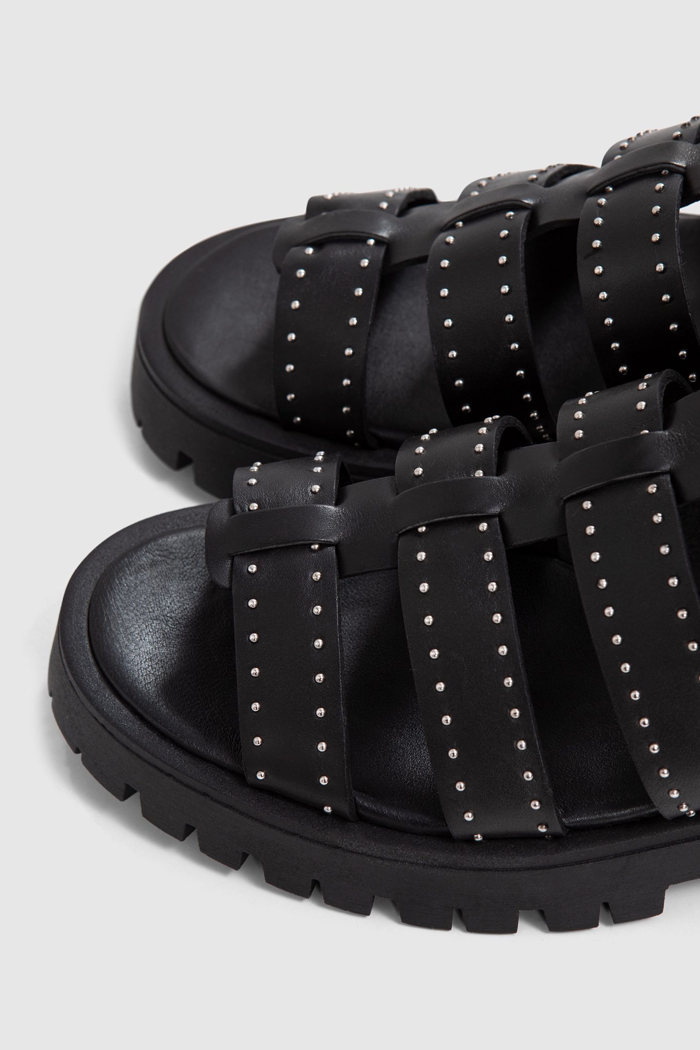 BLACK LEATHER CHUNKY SANDALS, STUDDED MULTI STRAPS 6