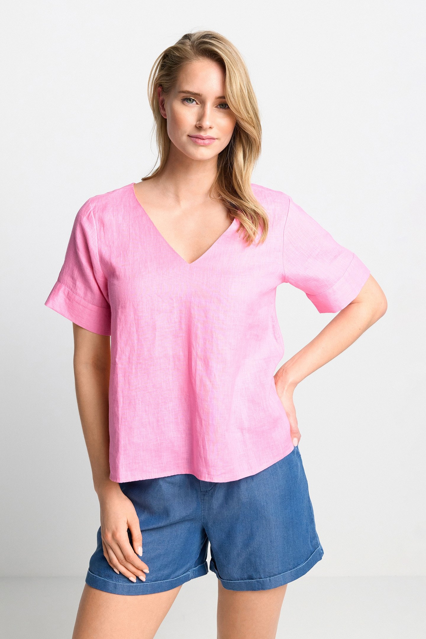 V-NECK LINEN BLOUSE SUSTAINABLE SORBET PINK 1