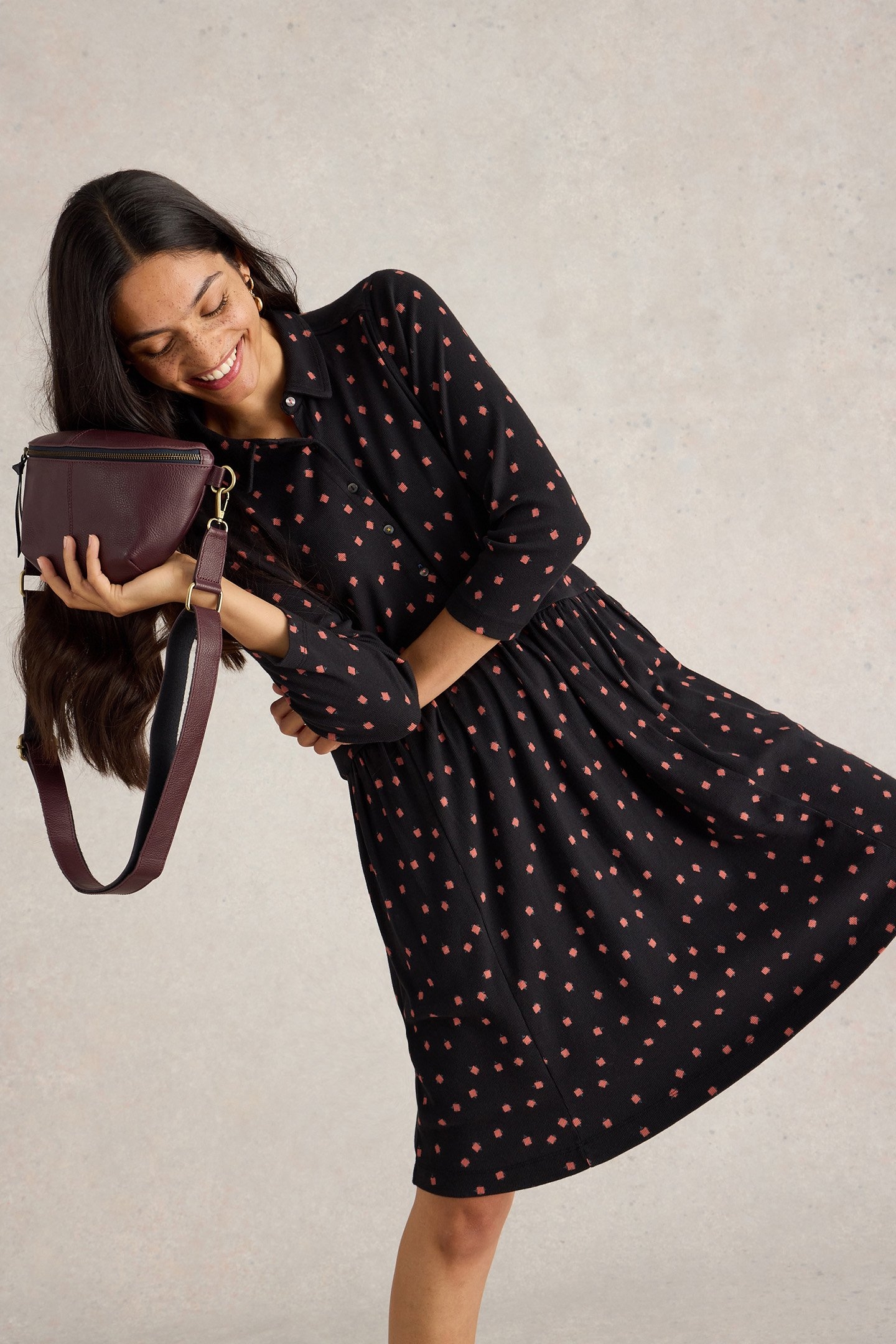 EVERLY JERSEY RIB SHIRT DRESS BLACK PRINT 4