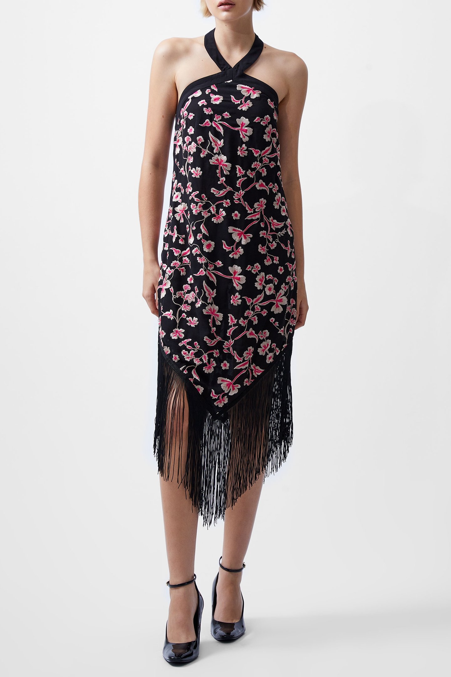 BRYONY EMB HALTER NK DRESS BLACKOUT/PINK MULTI 1