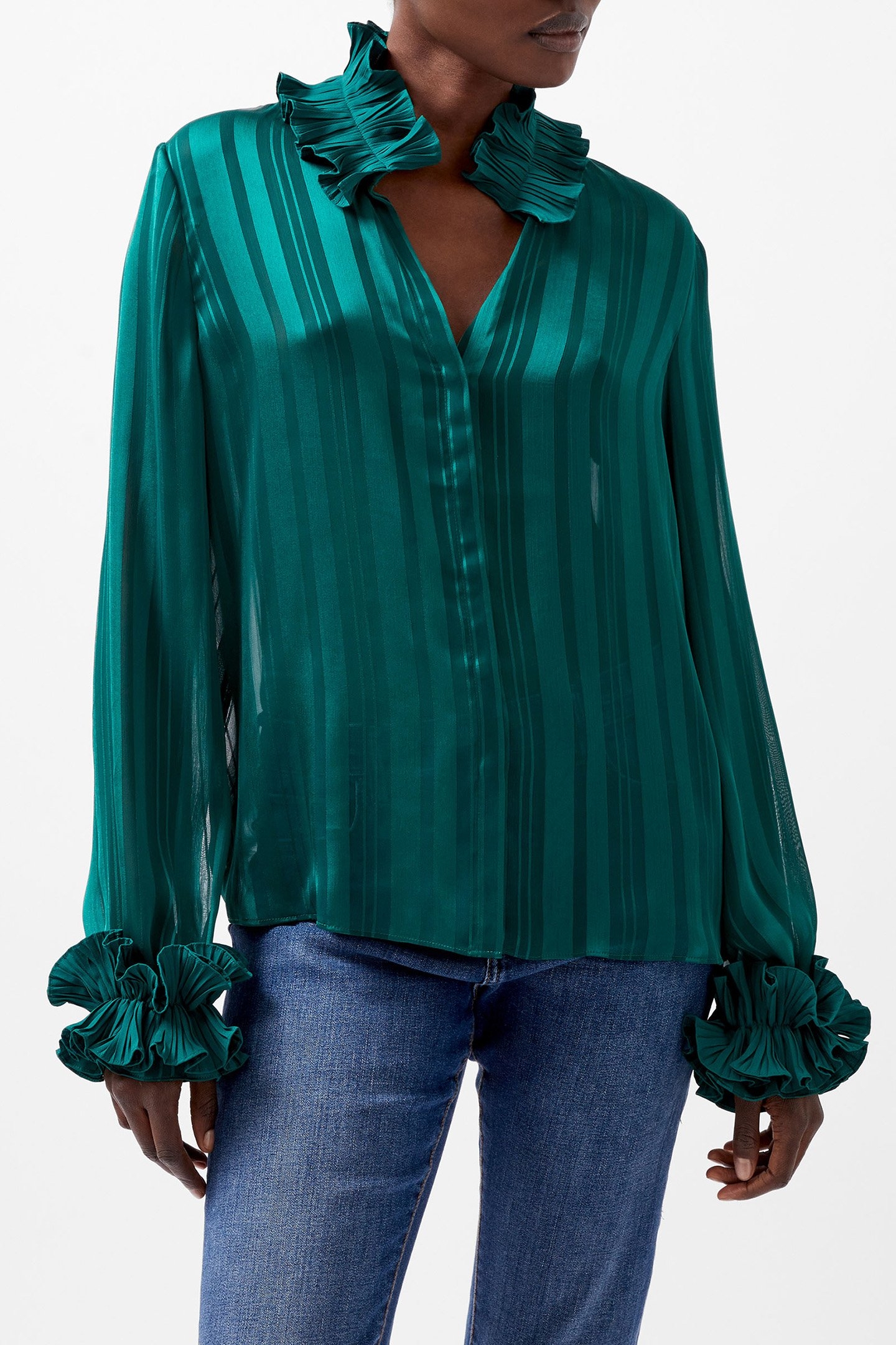 HANNIELIE RUFFLE NECK LS SHIRT FOREST 1