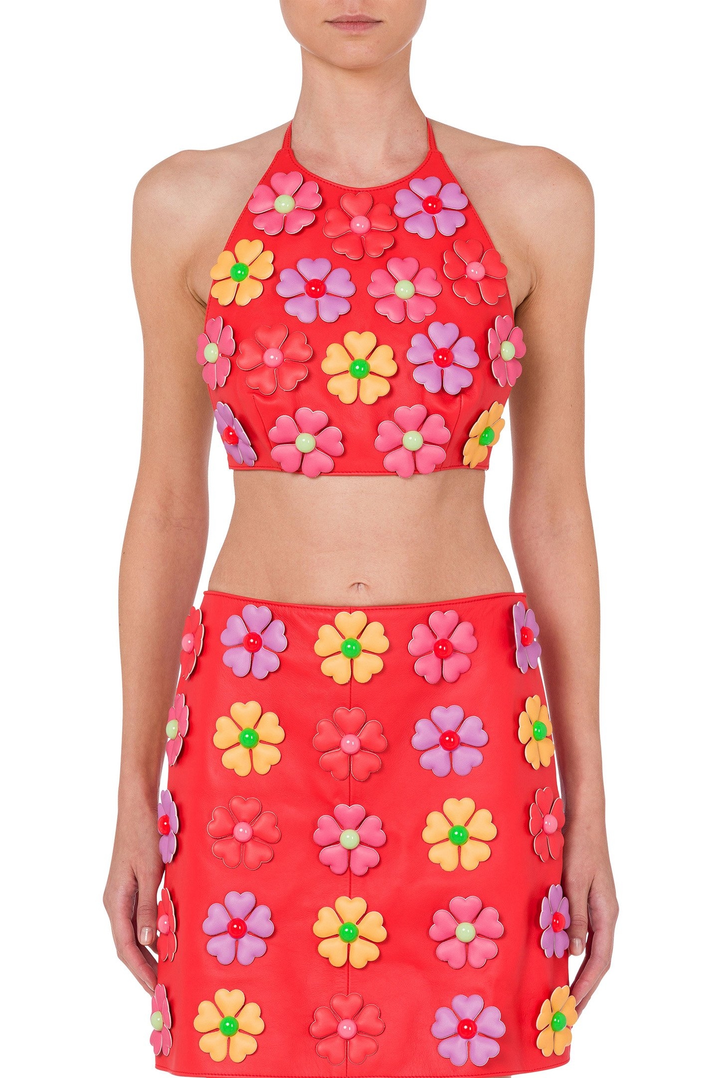 ALLOVER FLOWERS NAPPA LEATHER CROP TOP RED 1