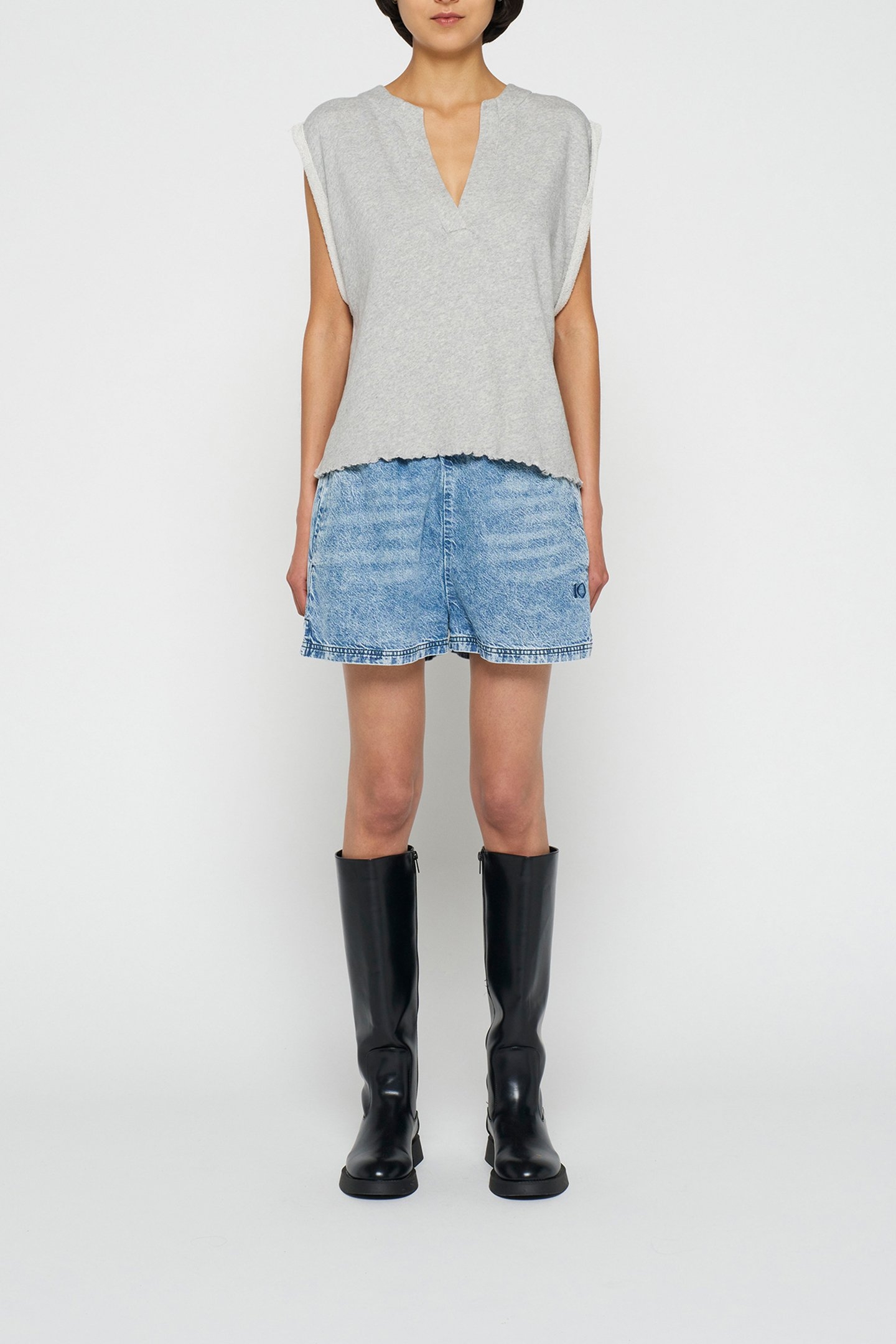 V-NECK TOP FLEECE LIGHT GREY MELEE 2