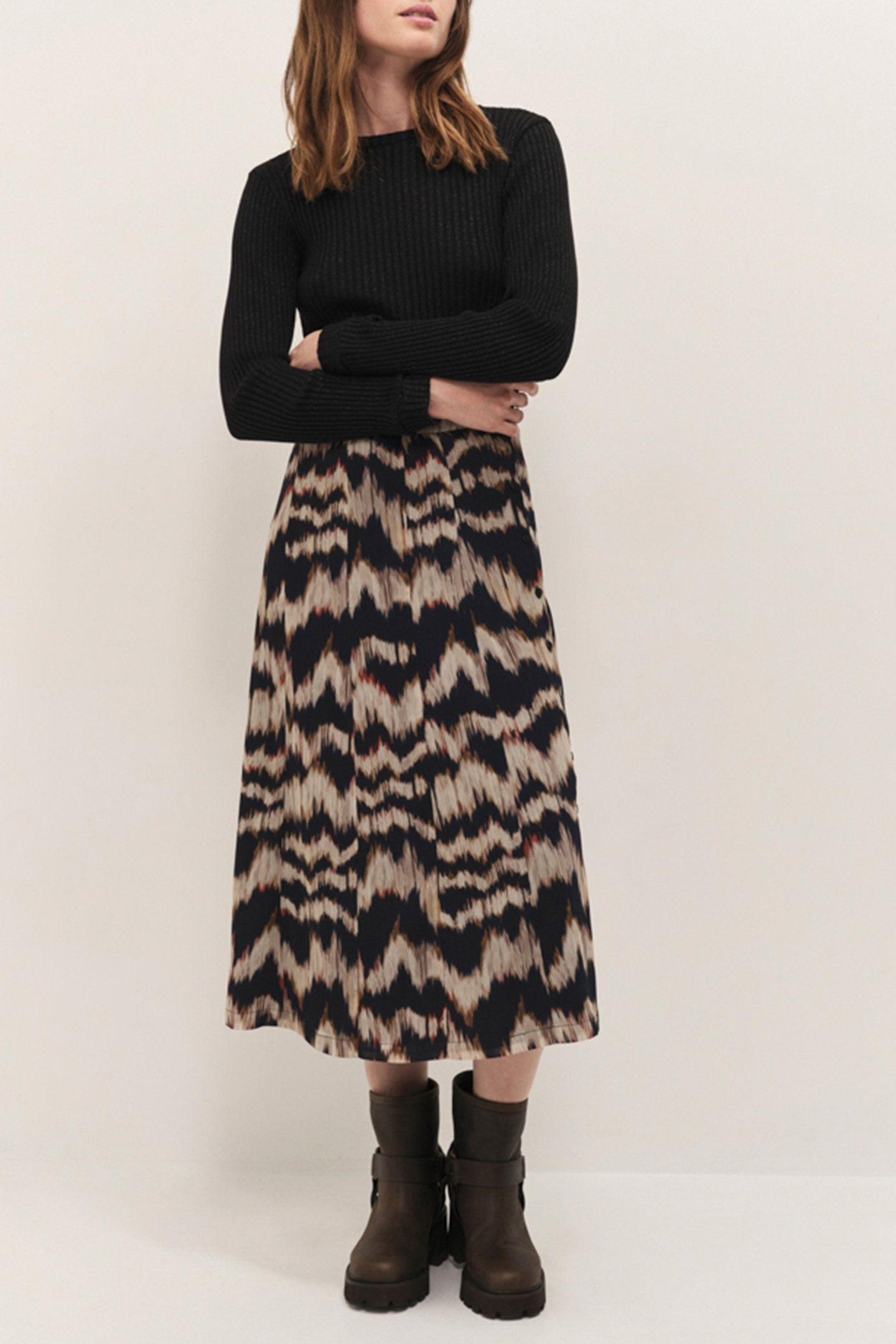 JOYAU - CHOCOLATE MIDI SKIRT WITH ARTY STRIPE PRINT 3