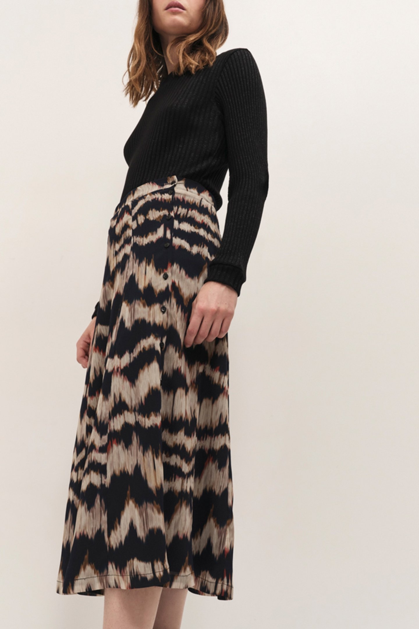 JOYAU - CHOCOLATE MIDI SKIRT WITH ARTY STRIPE PRINT 4