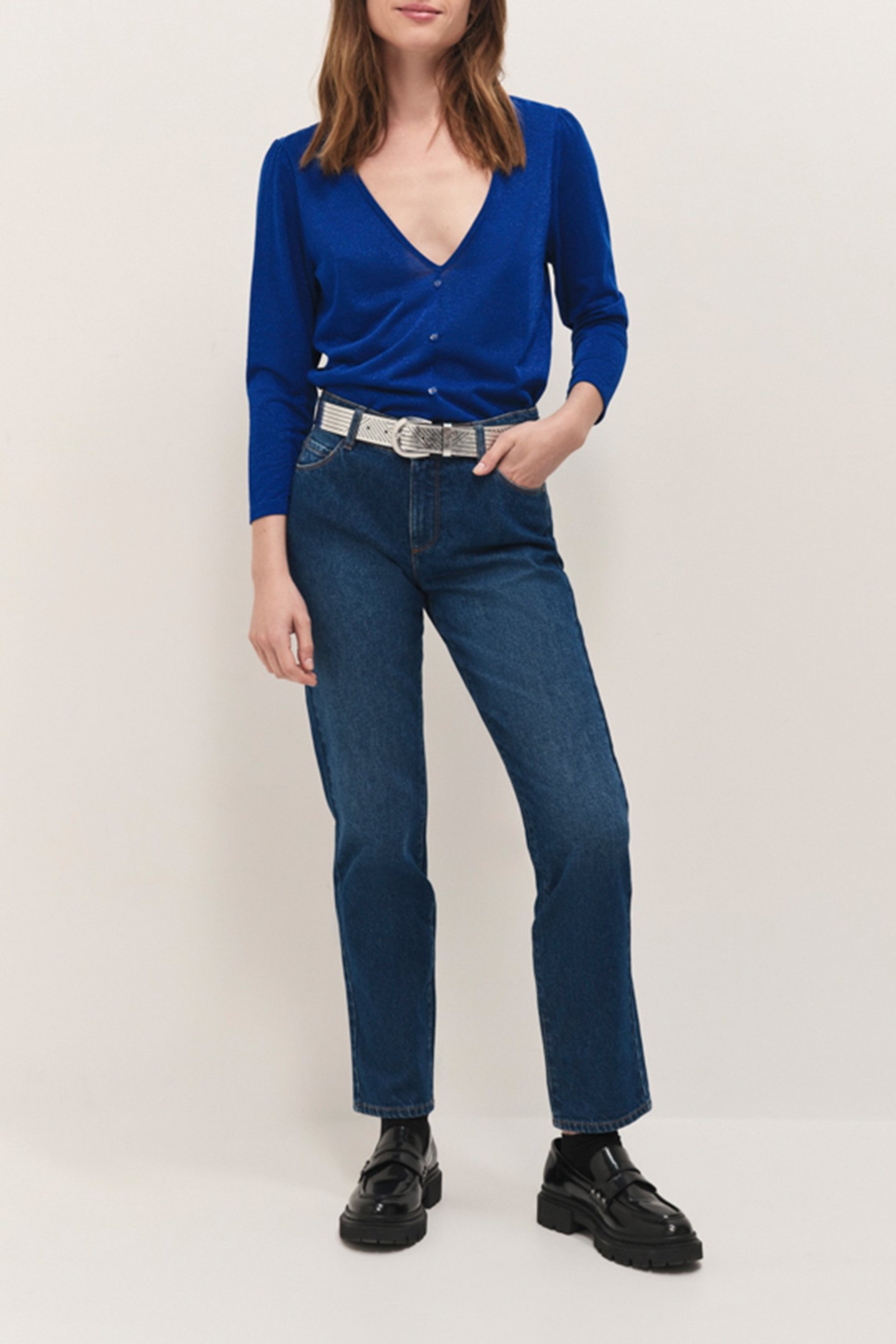 MEIJI - SAPPHIRE BLUE GLITTER T-SHIRT WITH BACK BUTTON DECOR 3