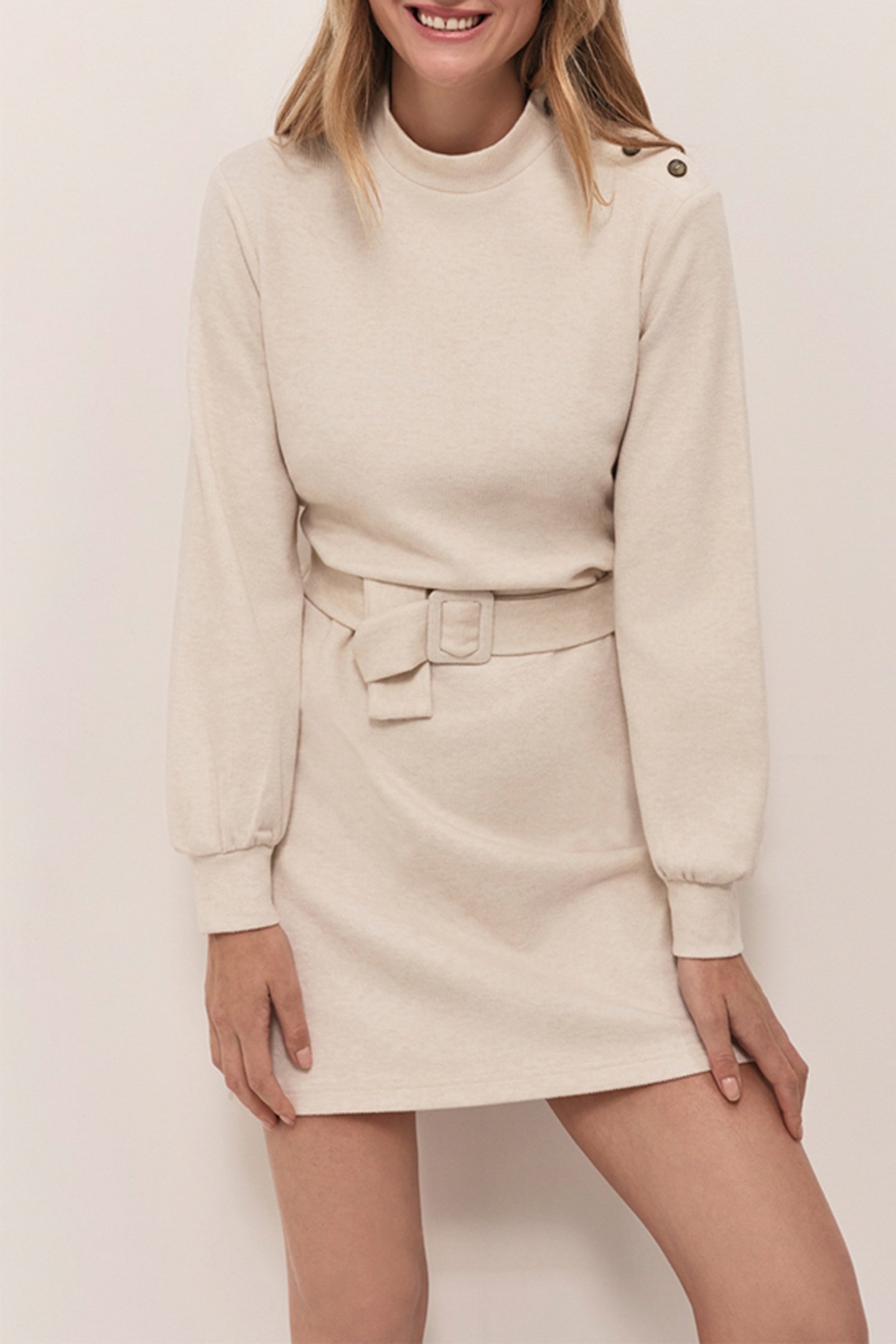 RAVEN - DRESS IN ECRU INTERLOCK FLAT RIB KNIT 1