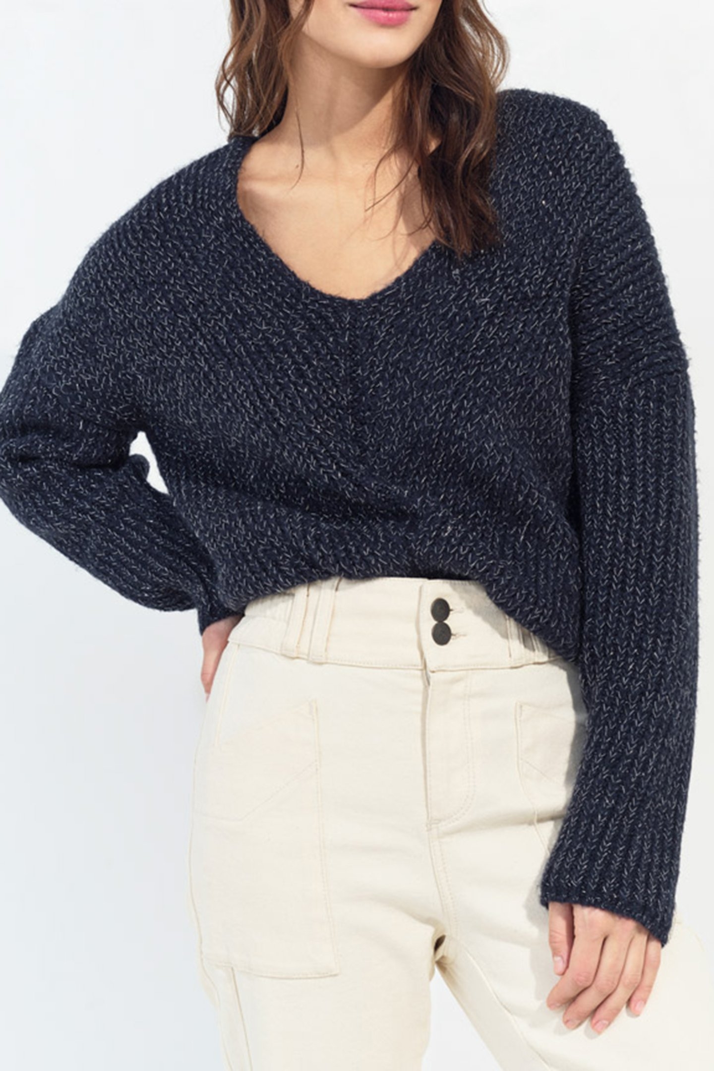 TIMEO - NAVY LUREX KNIT V-NECK JUMPER FRONT/BACK 4