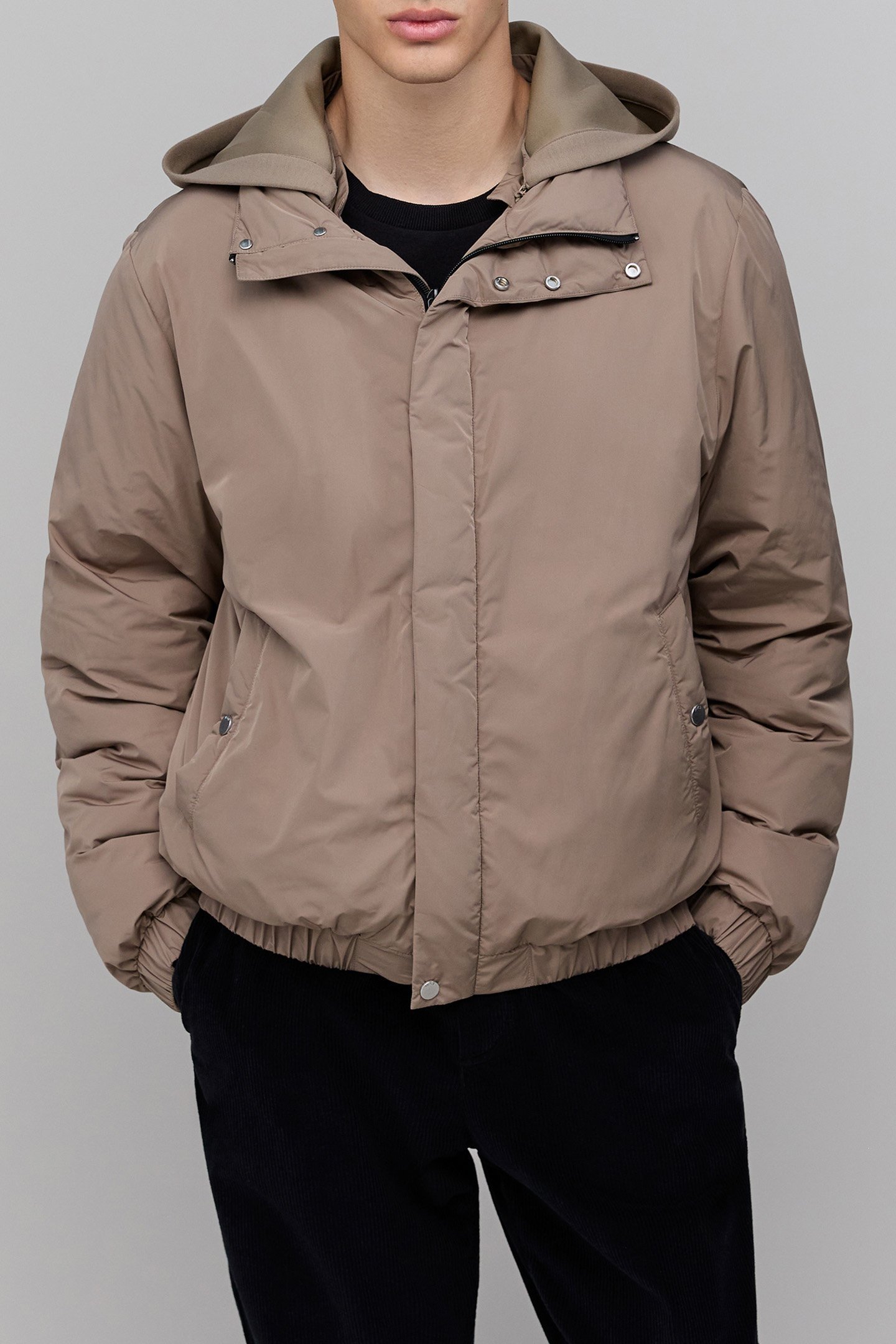 GREIGE PADDED JACKET WITH DETACHABLE NEOPRENE HOOD 1