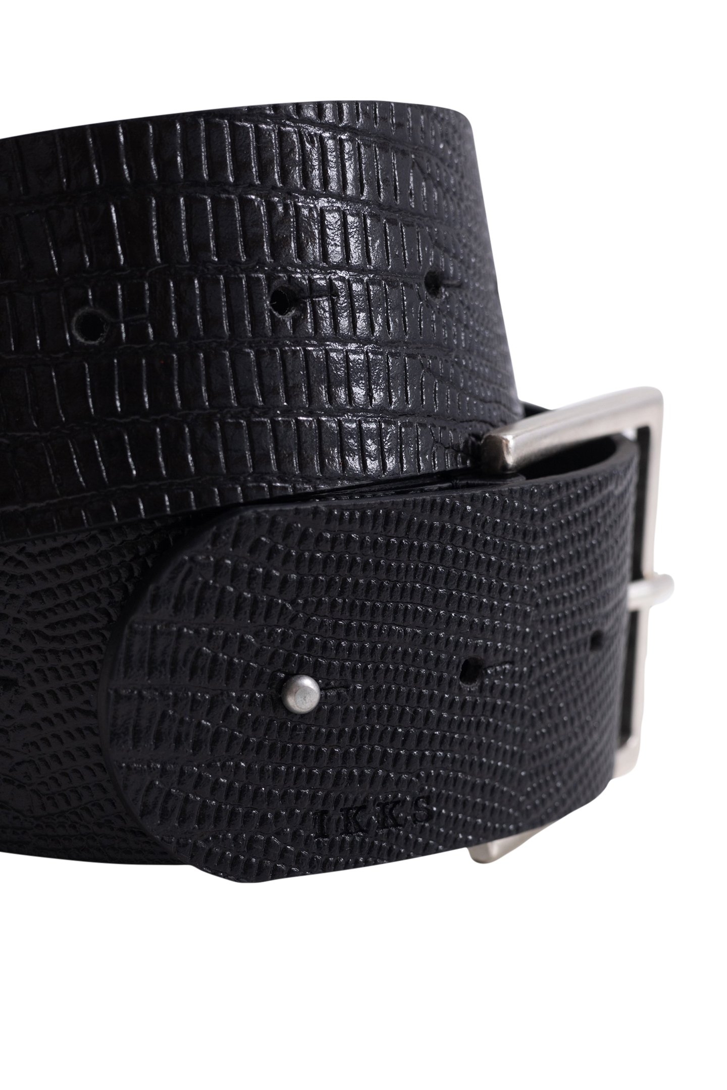 PYTHON-EFFECT EMBOSSED LEATHER BLACK DRESS BELT 3