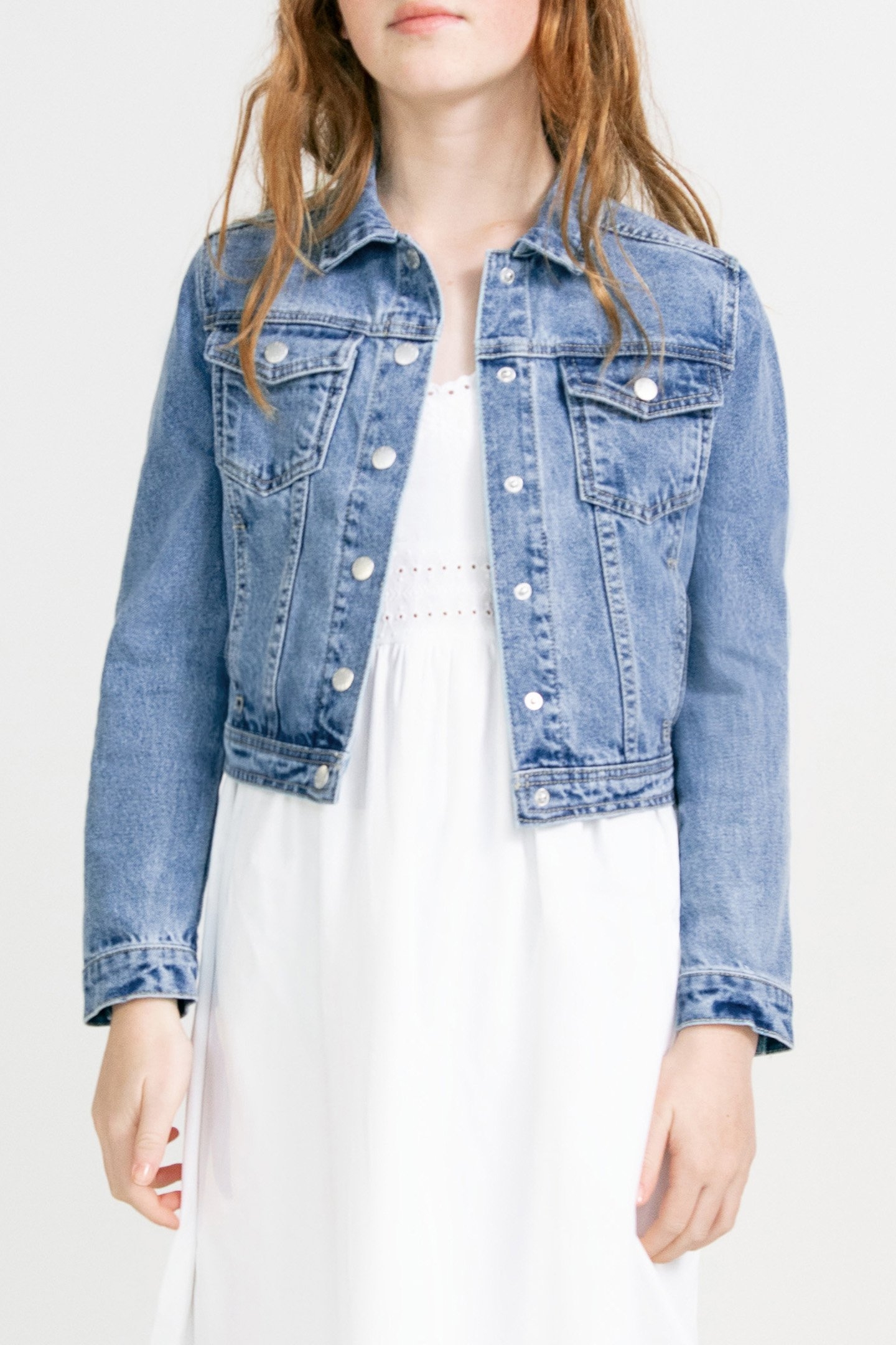 GIRLS’ BLUE WATERLESS DENIM CROPPED JACKET 1