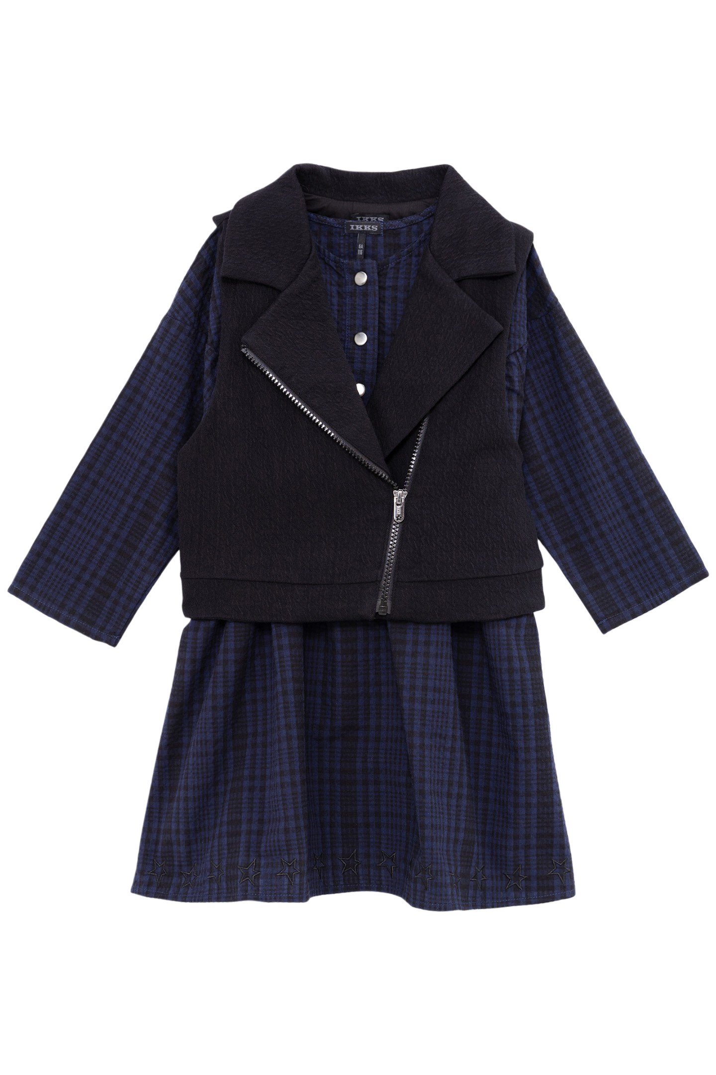GIRL'S 2-IN-1 NAVY PLAID DRESS AND BIKER VEST 1