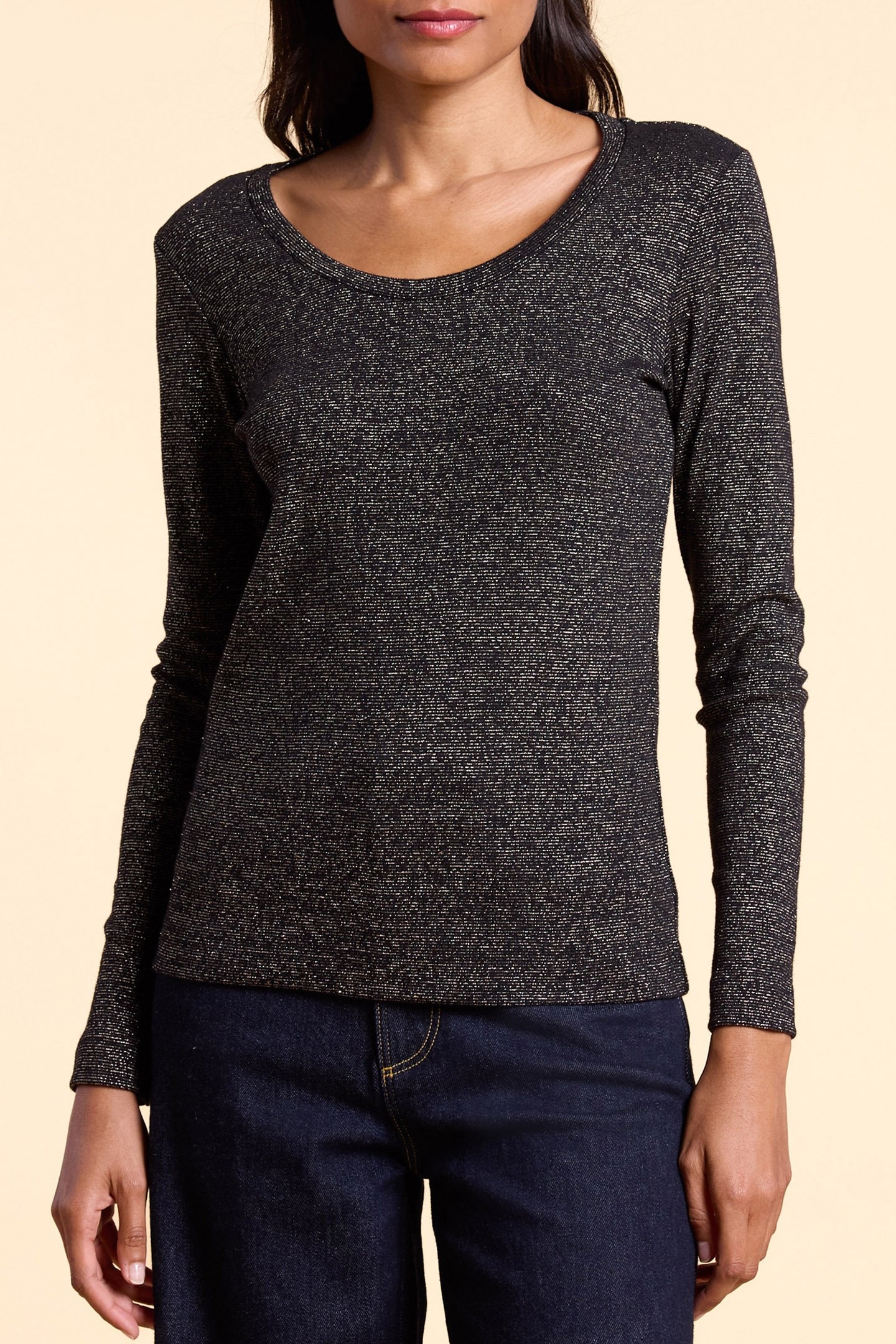 BLACK T-SHIRT WITH METALLIC GOLD STRIPES 1