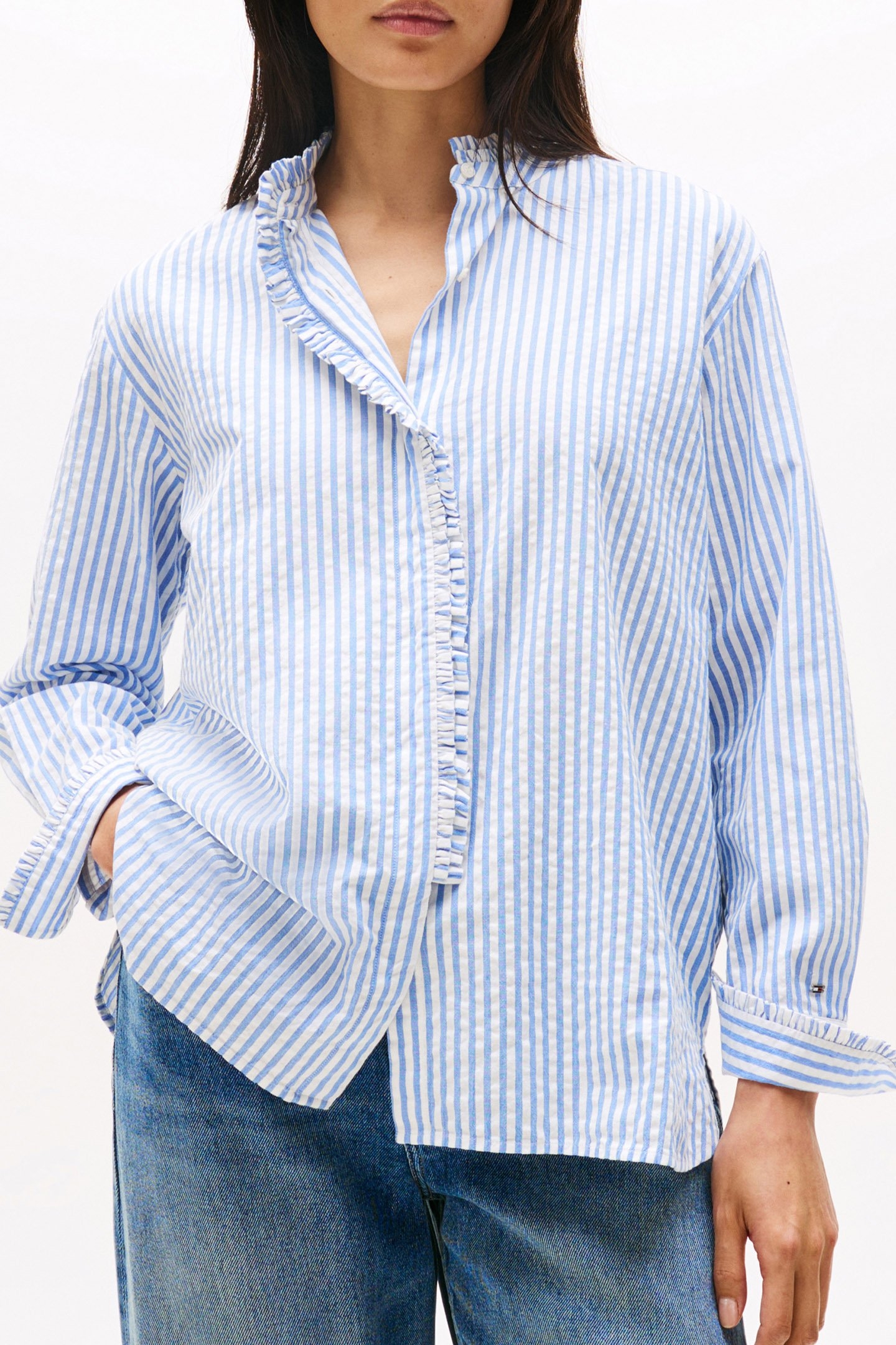 SEERSUCKER RUFFLE LOOSE FIT SHIRT, STRIPED/BLUE 1