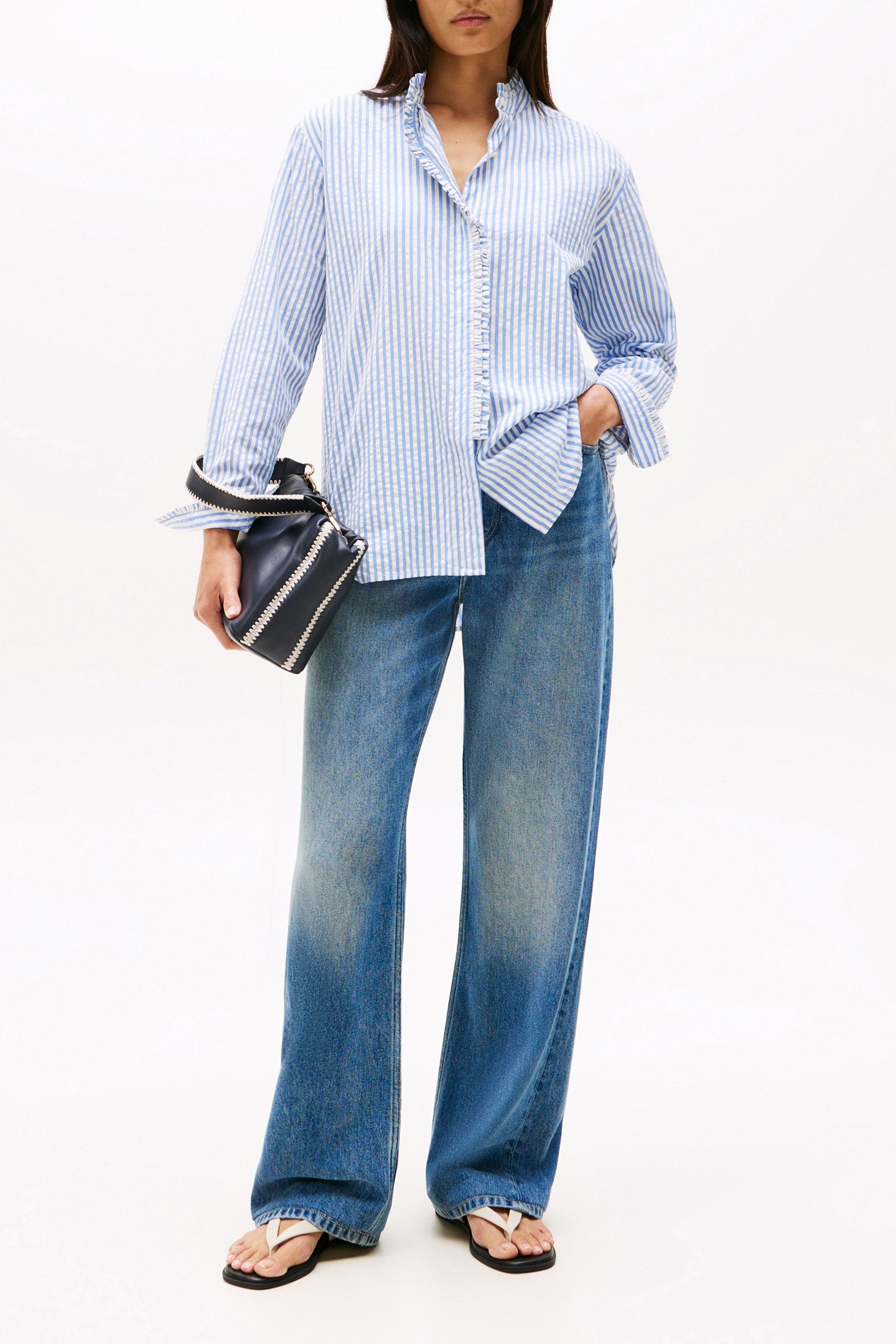 SEERSUCKER RUFFLE LOOSE FIT SHIRT, STRIPED/BLUE 2