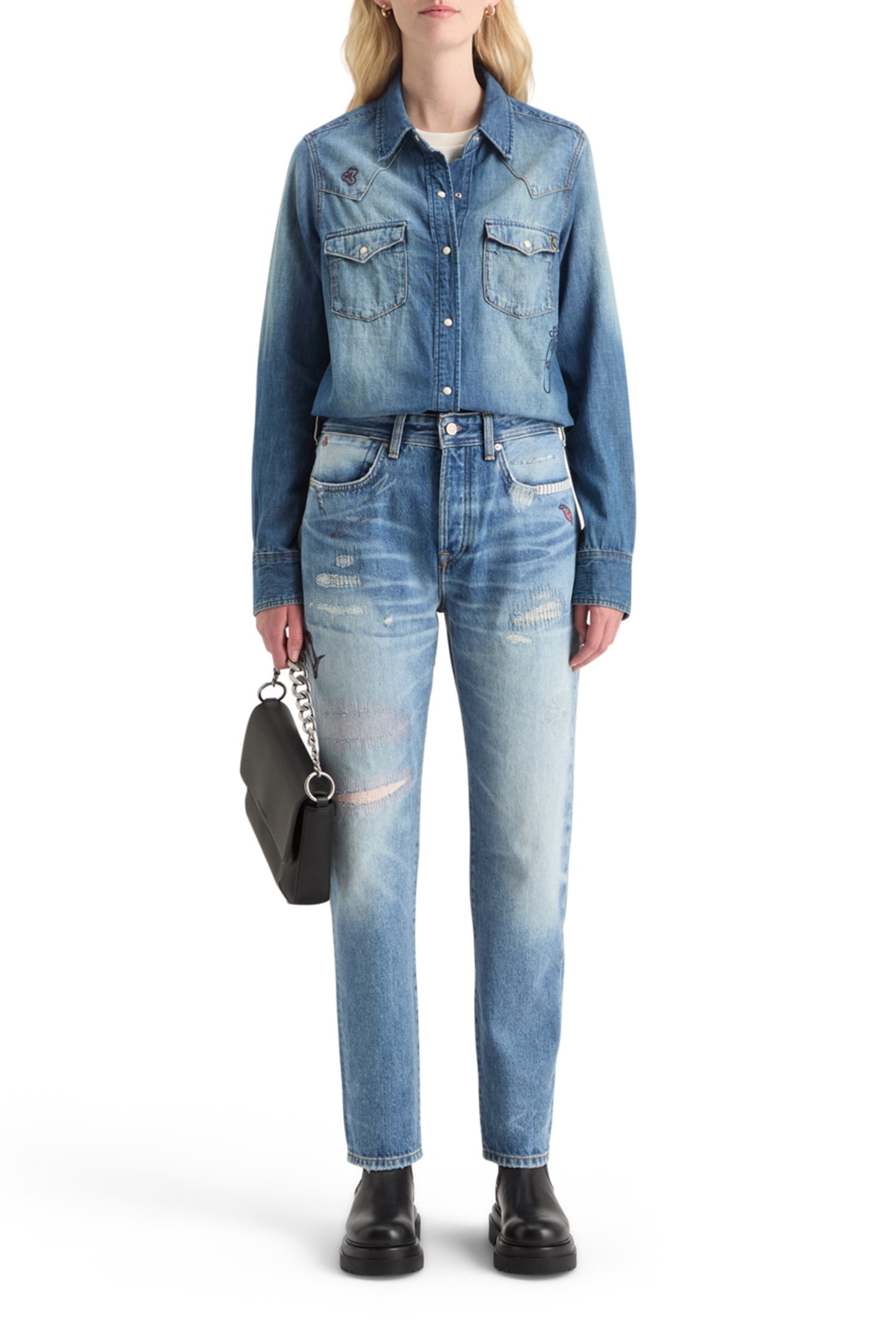 WASHED REGULAR FIT DENIM WESTERN SHIRT WITH EMBROIDERIES WAS 6