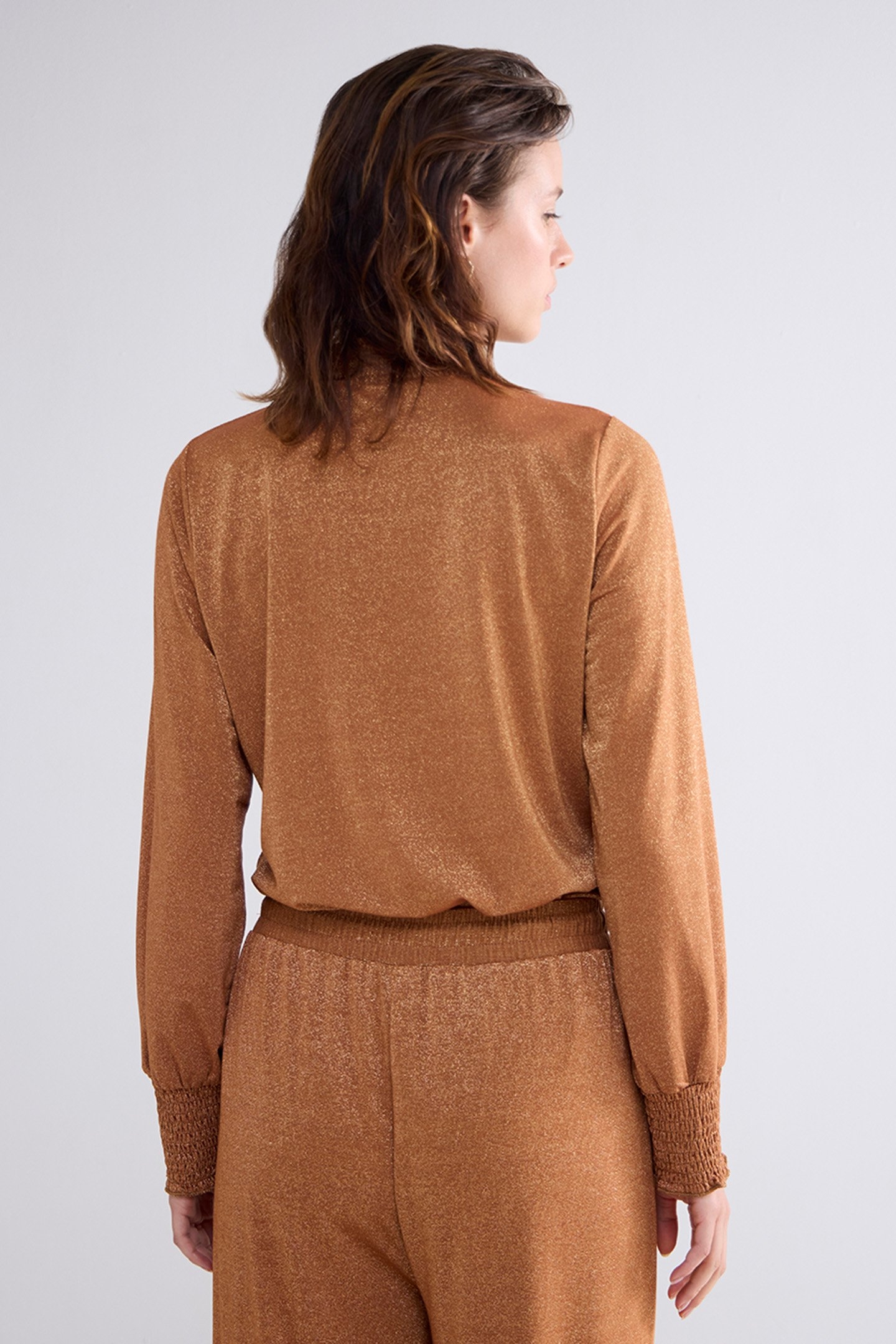 SMOCKED TOP FINE LUREX JERSEY CARAMEL COFFEE 2