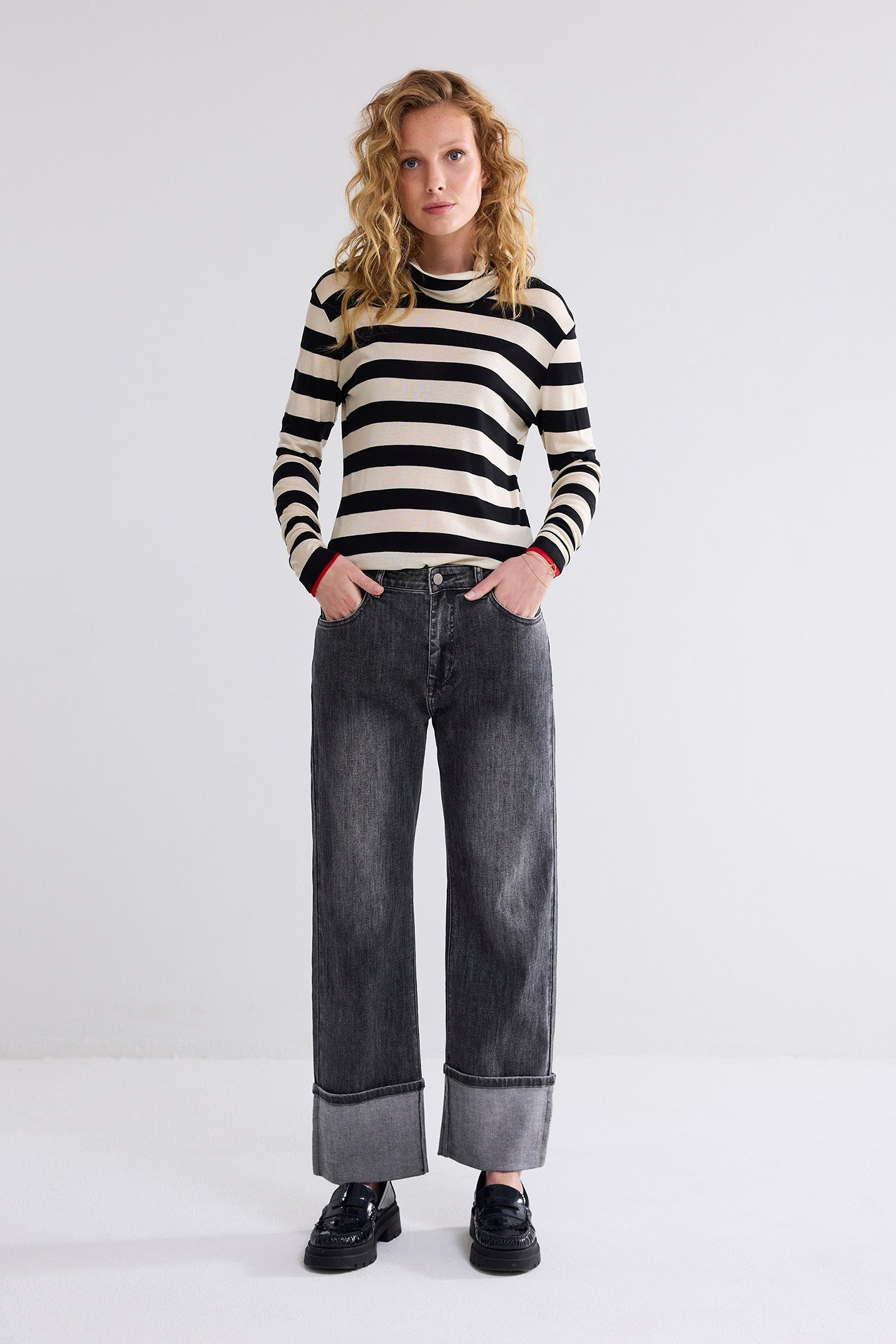 TURTLE NECK TOP SHEER JERSEY STRIPE BLACK 3