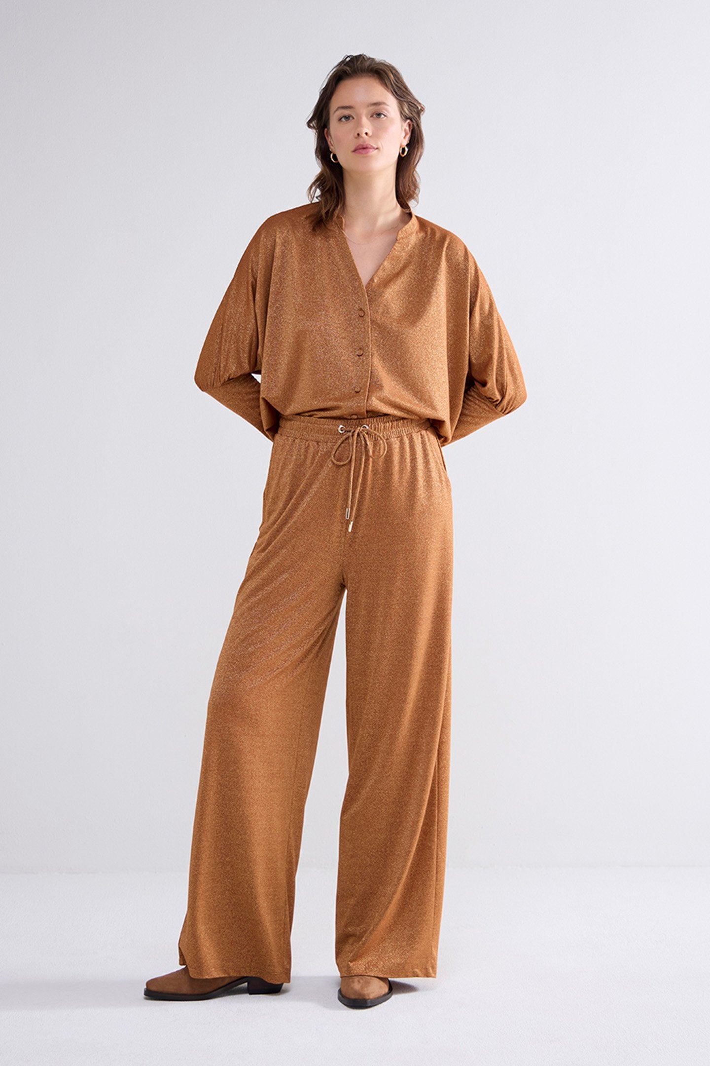 FLARED PANTS FINE LUREX JERSEY CARAMEL COFFEE 1