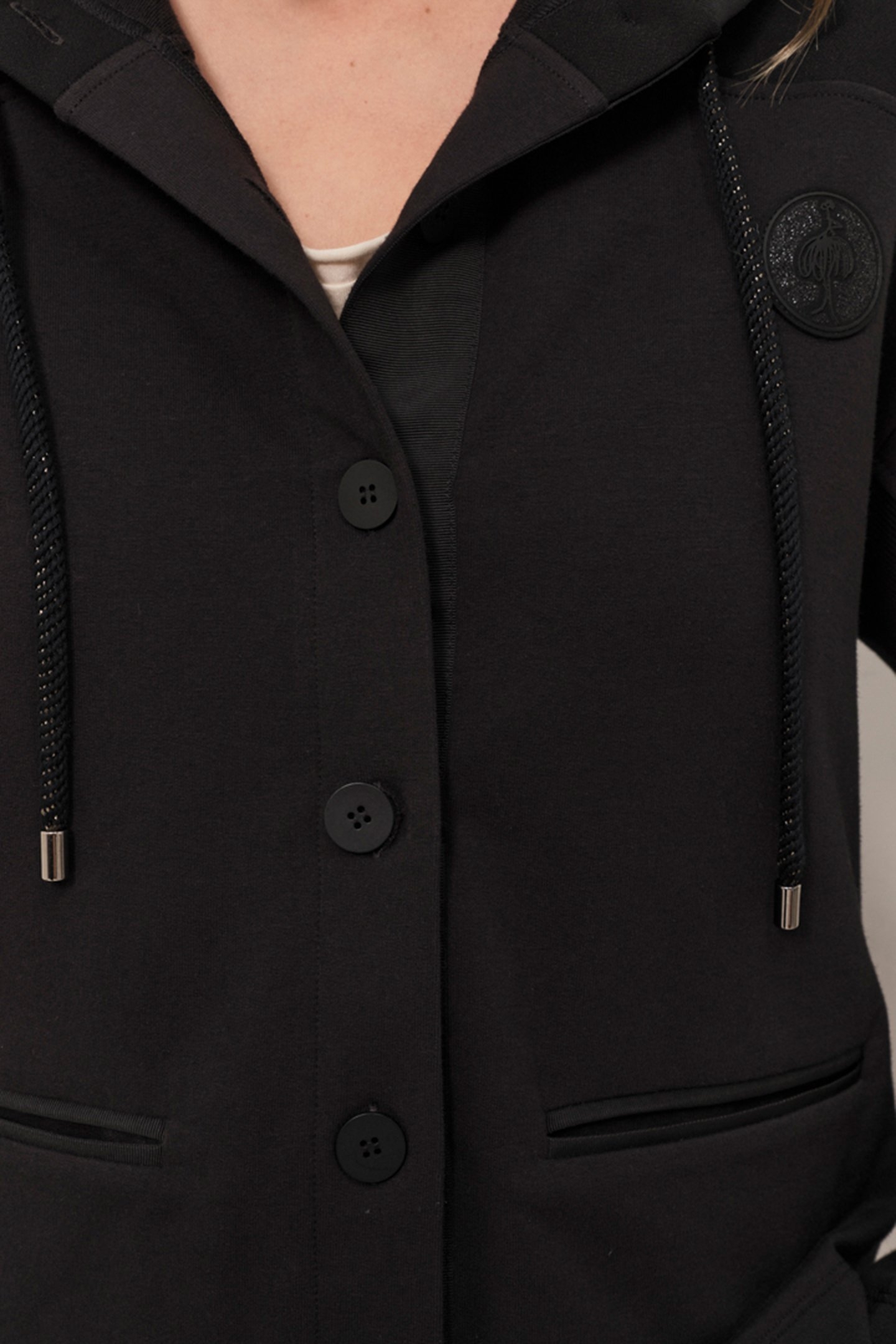 MABOIA  - BLACK ZIP-UP HOODED CARDIGAN IN DUAL-MATERIAL FLEE 6