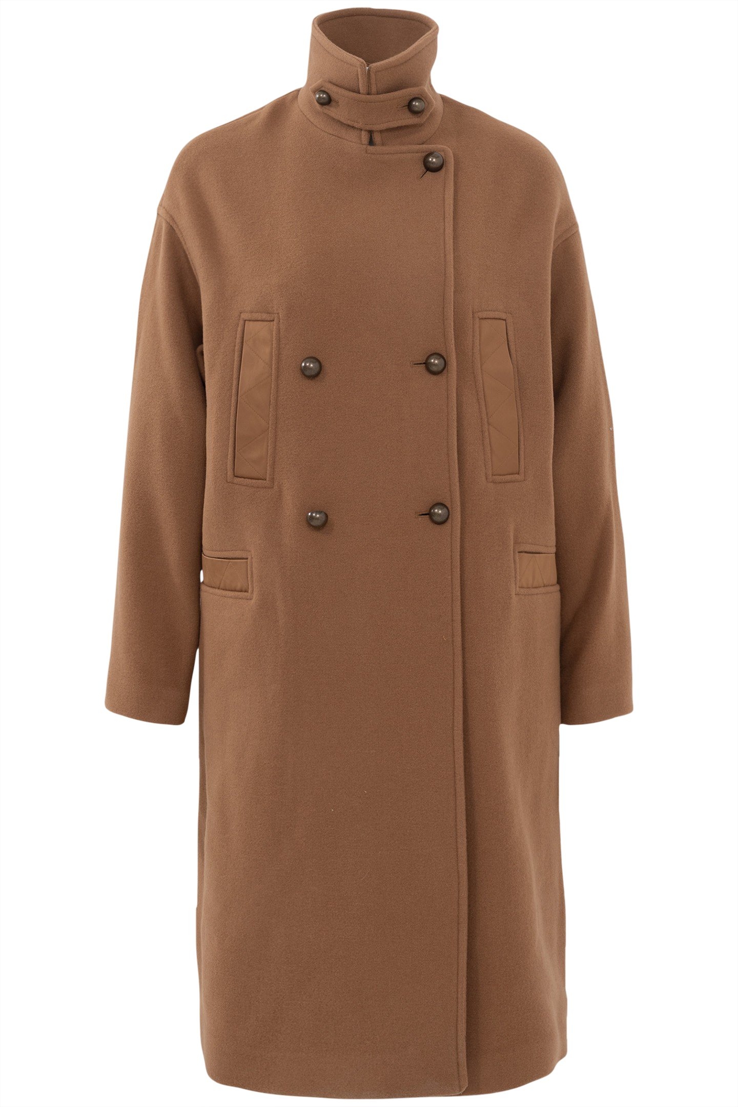 LONG CAMEL PEA COAT WITH STITCHED NYLON DETAILS 1