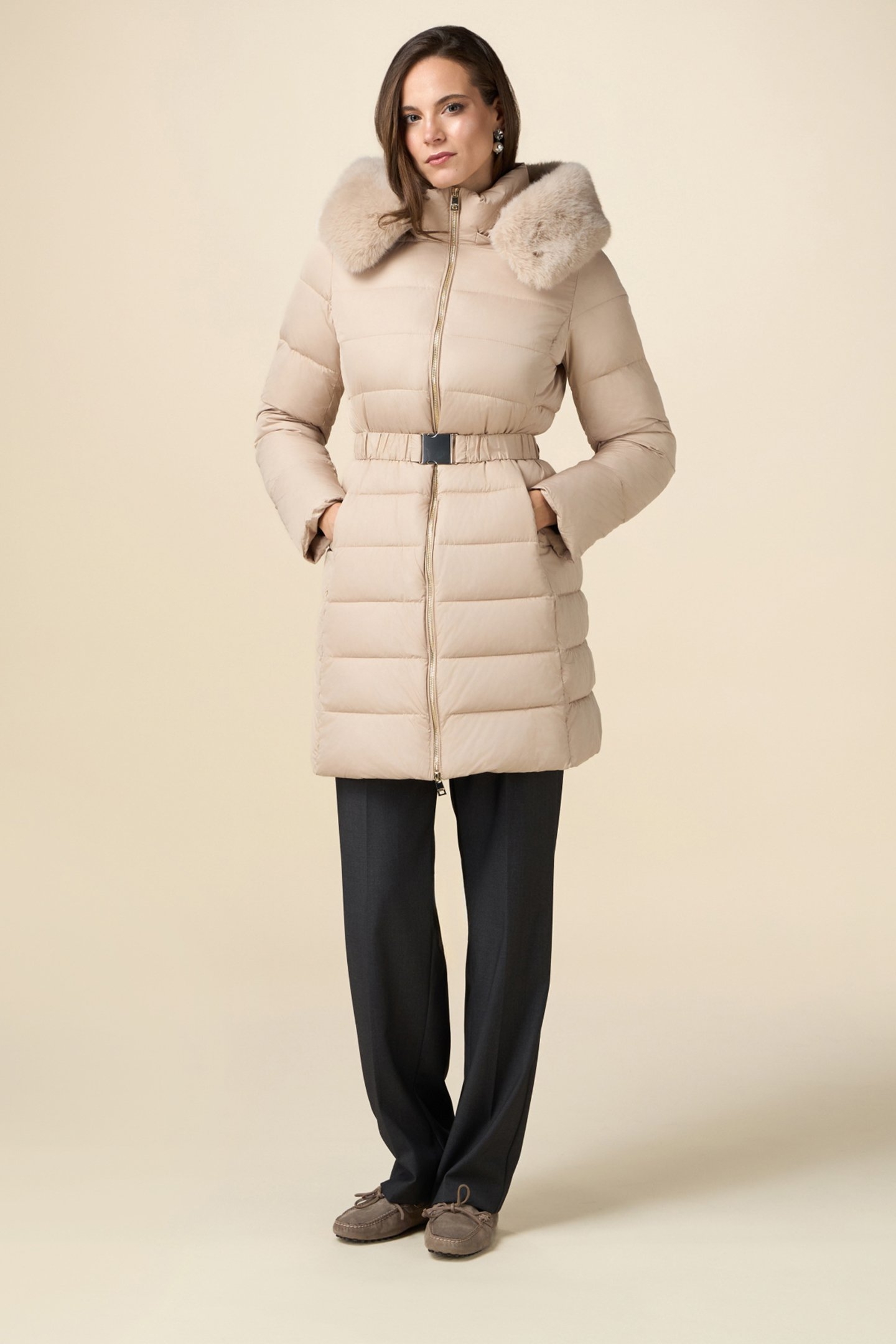 MIDI DOWN JACKET WITH BELT AND FURRY EDGE BEIGE 1