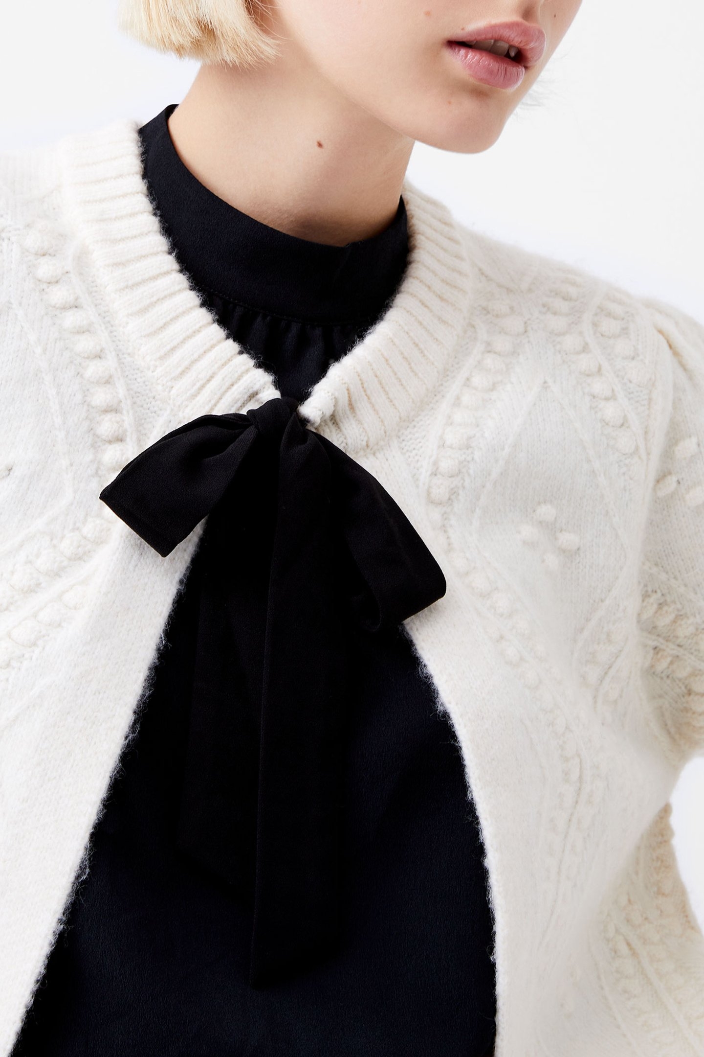 BOBBLE BOW CARDIGAN WINTER WHT/BLACK BOW 4